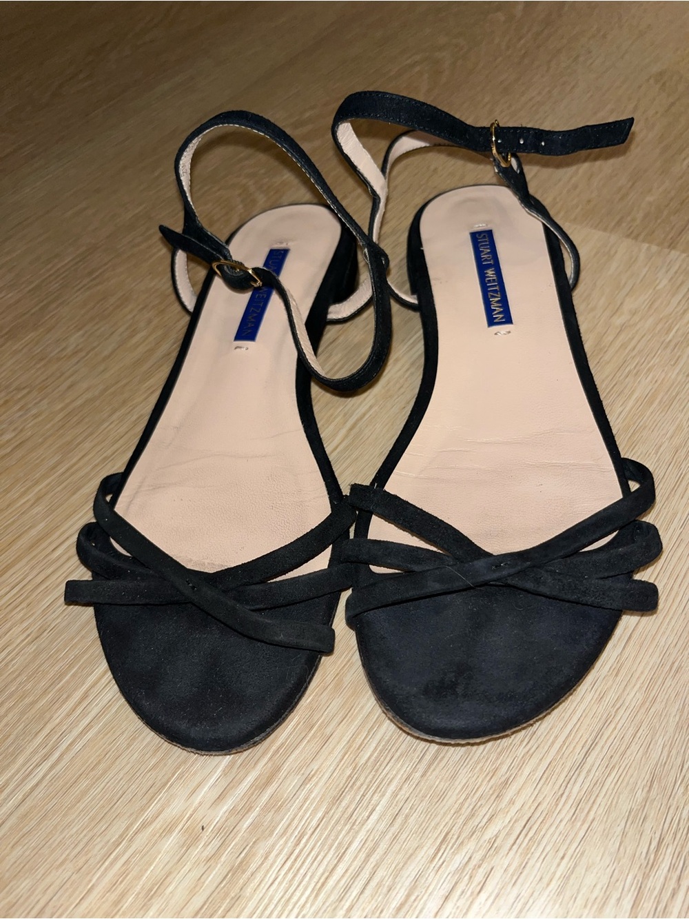 Stuart Weitzman Black Strappy Suede Ankle‑Strap Sandals
